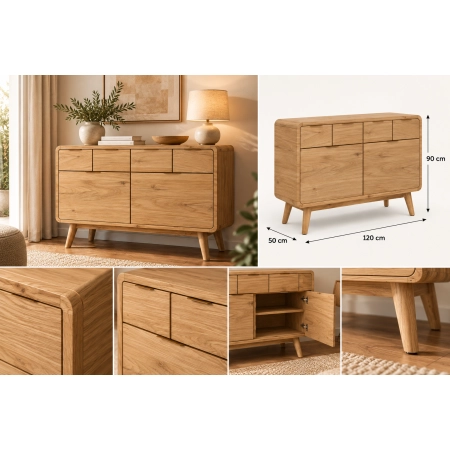 Komoda z litego drewna 120 × 90 × 50 cm – 4 szuflady i 2 szafki